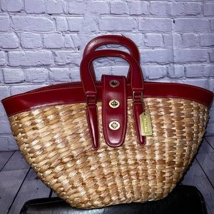 AUTHENTICATED 1999 LE Vintage Coach Lily straw tote w/ red leather trim w/ COA